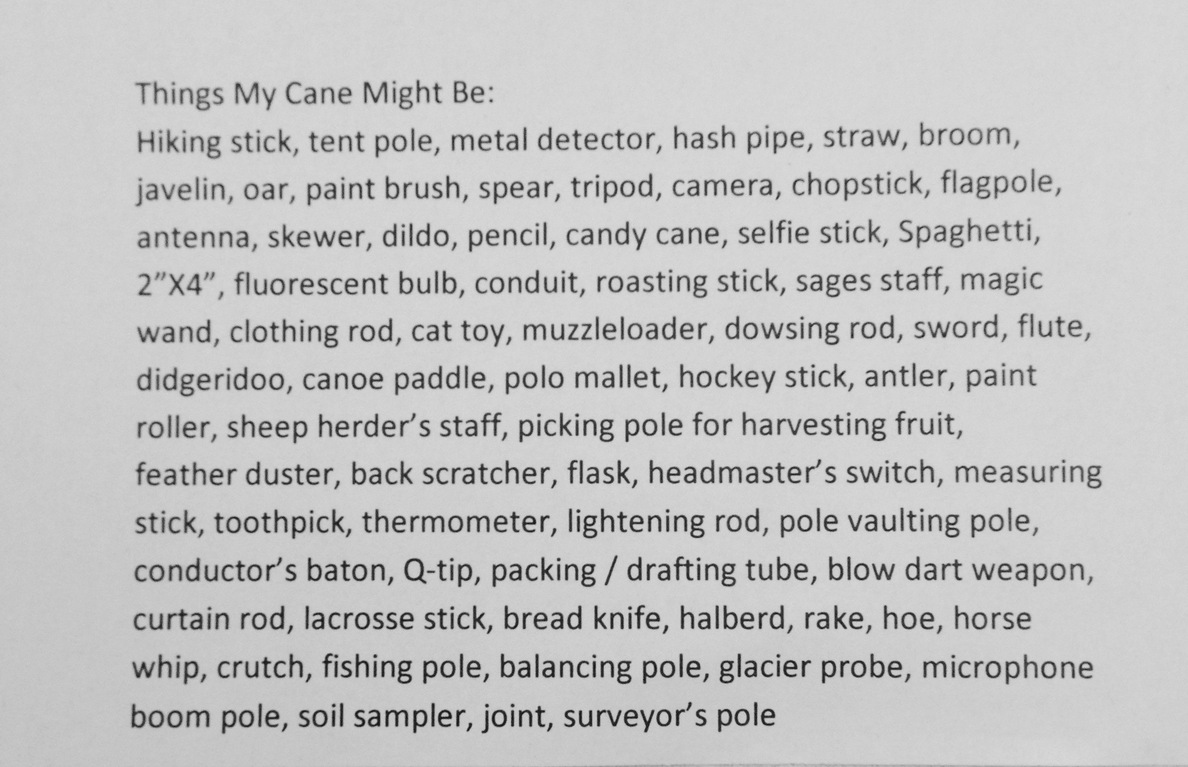 Things My Cane Might Be: a list including a hiking stick, a tent pole, a metal detector or hash pipe, and a hundred other possibilities.
